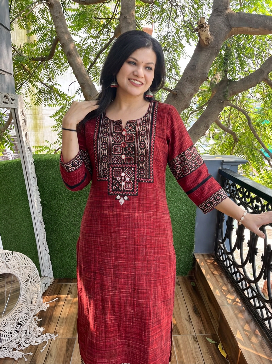 Zariya Cranberry Red Ajrakh Yoke Brush Painted Cotton Kurti