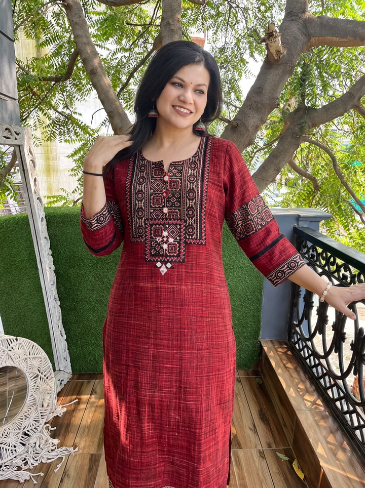 Zariya Cranberry Red Ajrakh Yoke Brush Painted Cotton Kurti