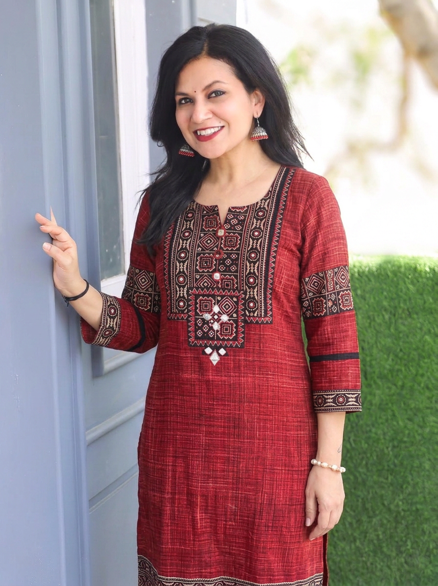 Zariya Cranberry Red Ajrakh Yoke Brush Painted Cotton Kurti