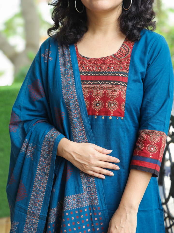 Reet Blue with Ajrak Yoke Mirror Work Cotton 3 Piece Set