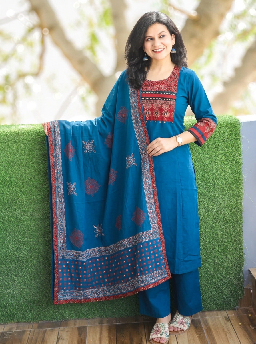 Reet Blue with Ajrak Yoke Mirror Work Cotton 3 Piece Set