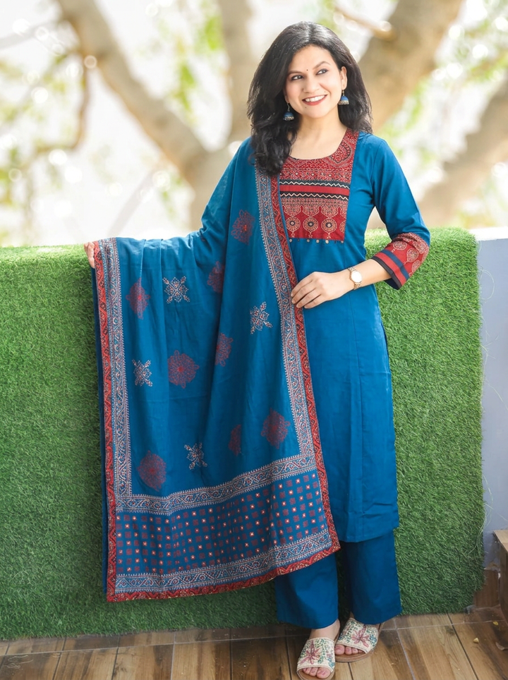 Reet Blue with Ajrak Yoke Mirror Work Cotton 3 Piece Set