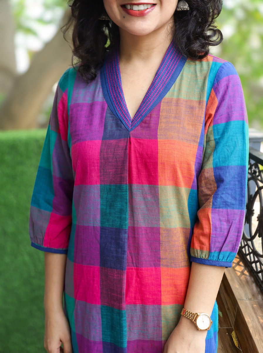 Madhura Blue Multi Color Madras Check South Cotton Co-ord Set