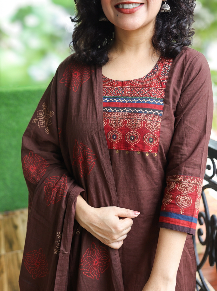 Reet Brown with Ajrak Yoke Mirror Work Cotton 3 Piece Set