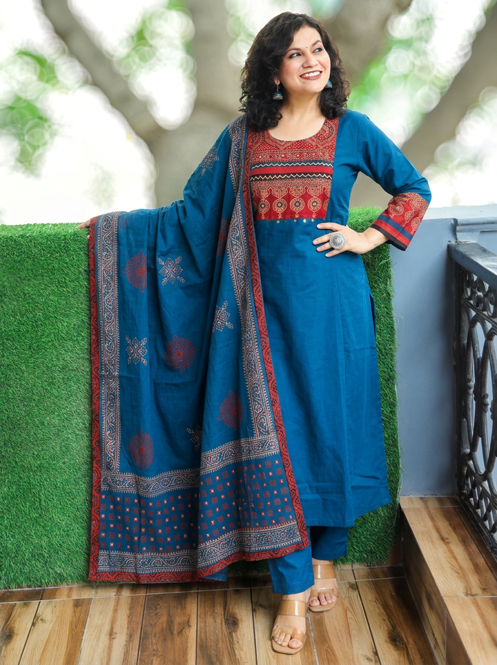 Reet Blue with Ajrak Yoke Mirror Work Cotton 3 Piece Set