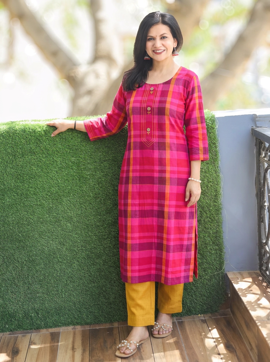 Mayuri Pink Madras Check Print Cotton Kurti
