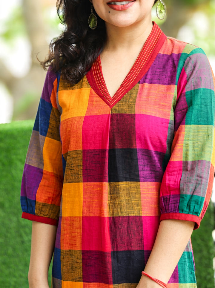 Madhura Pink Multi Color Madras Check South Cotton Co-ord Set