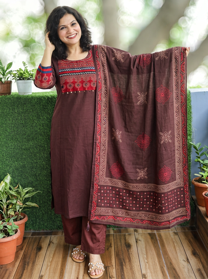 Reet Brown with Ajrak Yoke Mirror Work Cotton 3 Piece Set