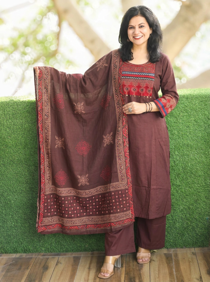 Reet Brown with Ajrak Yoke Mirror Work Cotton 3 Piece Set