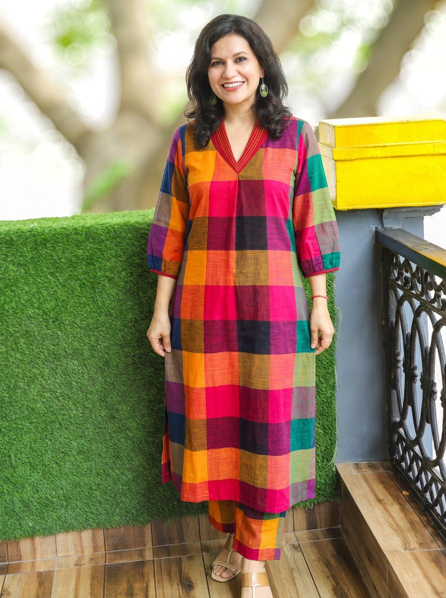 Madhura Pink Multi Color Madras Check South Cotton Co-ord Set