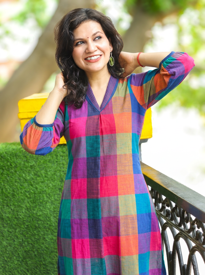 Madhura Blue Multi Color Madras Check South Cotton Co-ord Set