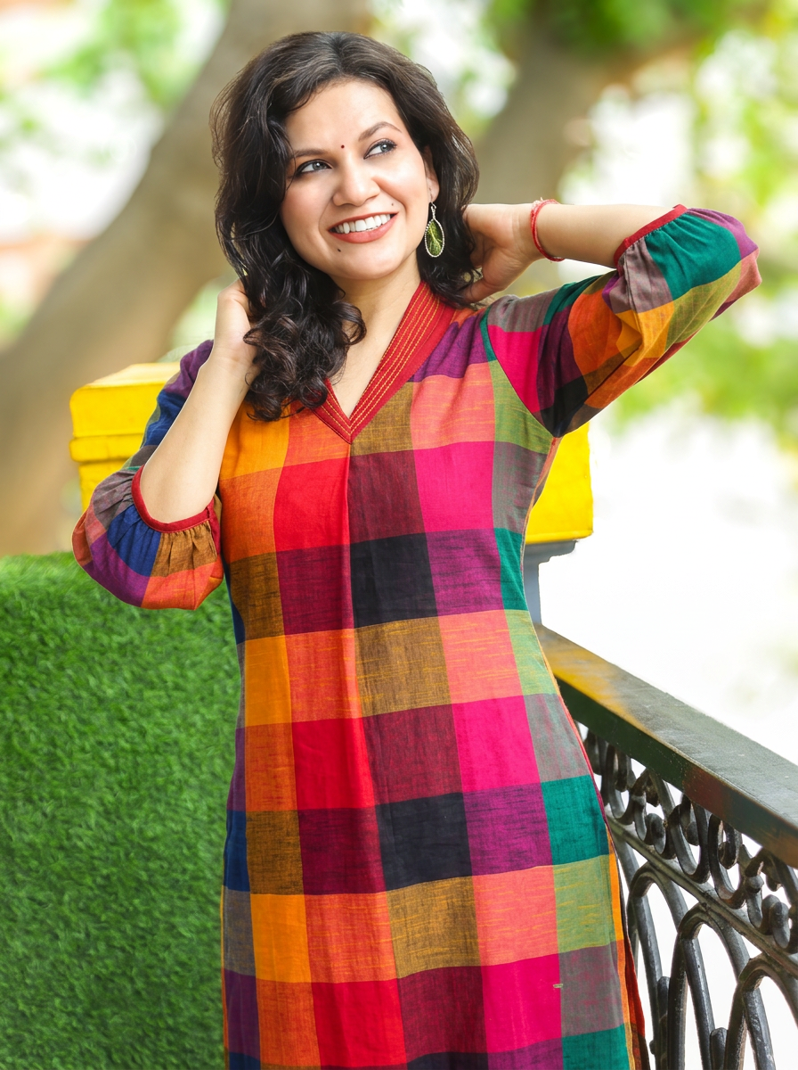 Madhura Pink Multi Color Madras Check South Cotton Co-ord Set