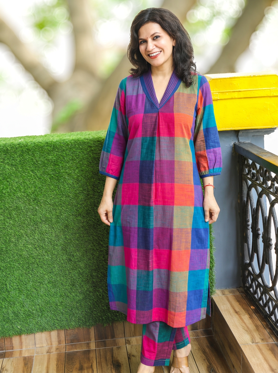 Madhura Blue Multi Color Madras Check South Cotton Co-ord Set