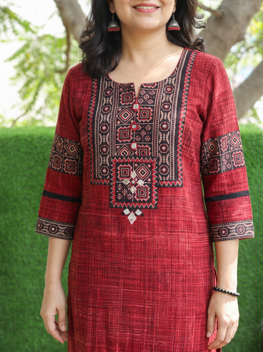 Zariya Cranberry Red Ajrakh Yoke Brush Painted Cotton Kurti