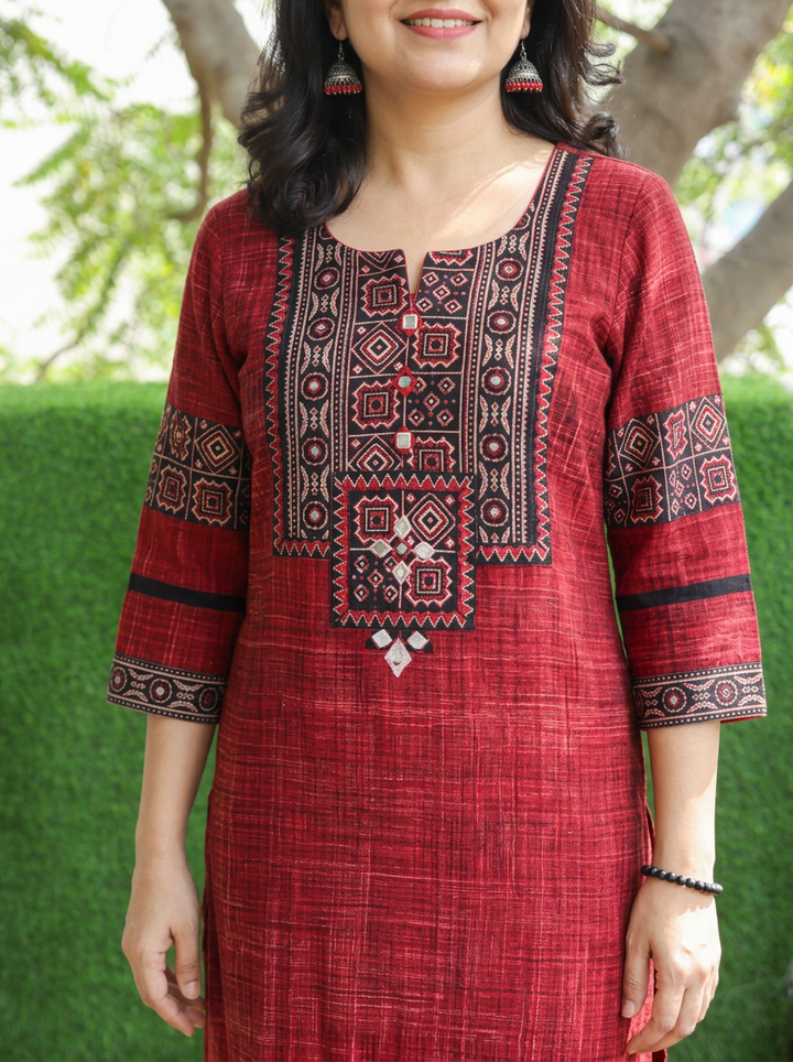 Zariya Cranberry Red Ajrakh Yoke Brush Painted Cotton Kurti