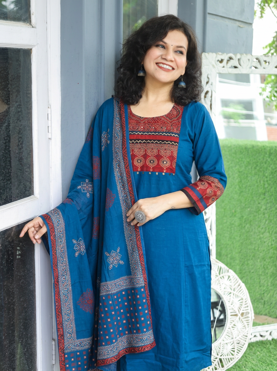 Reet Blue with Ajrak Yoke Mirror Work Cotton 3 Piece Set