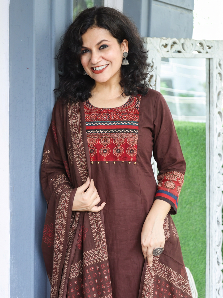Reet Brown with Ajrak Yoke Mirror Work Cotton 3 Piece Set