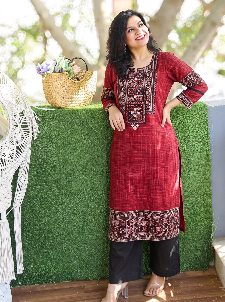 Zariya Cranberry Red Ajrakh Yoke Brush Painted Cotton Kurti