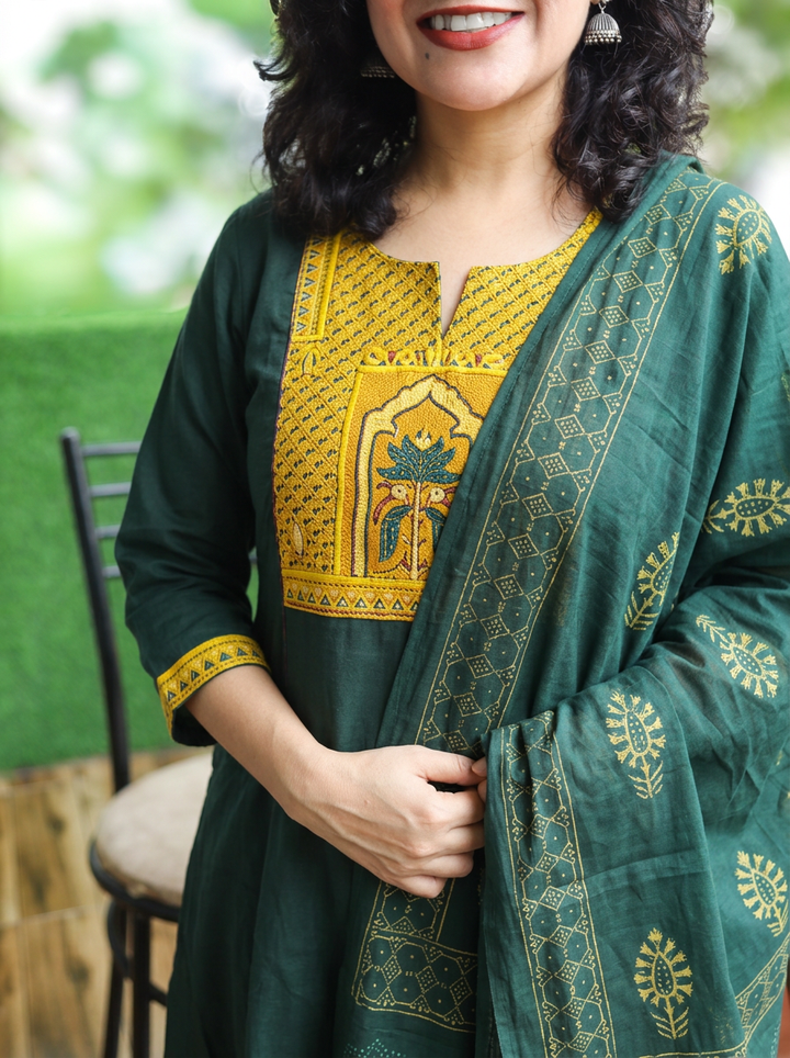 Malvi Green with Yellow Ajrak Yoke Mirror Work Cotton 3 Piece Set