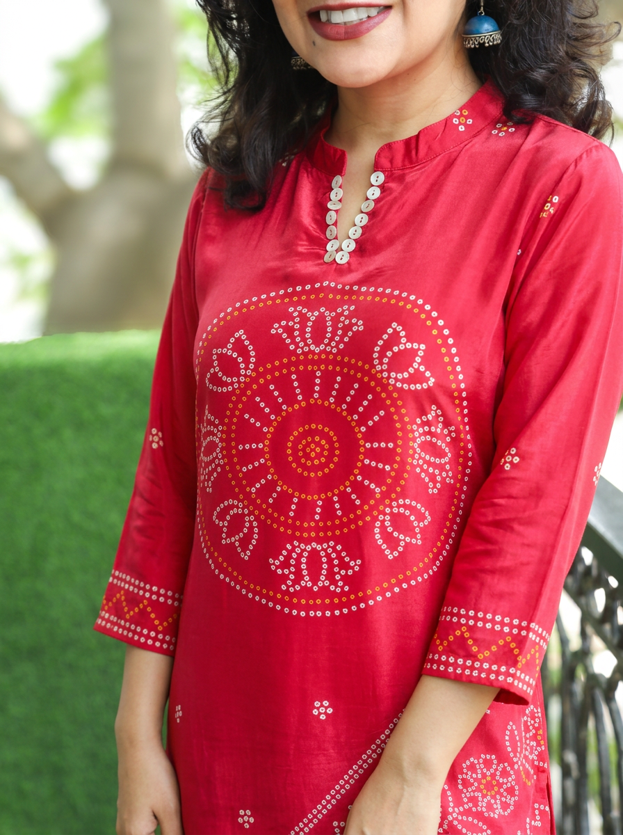 Mansi Rani Pink Bandhani Print Crepe Short Kurti
