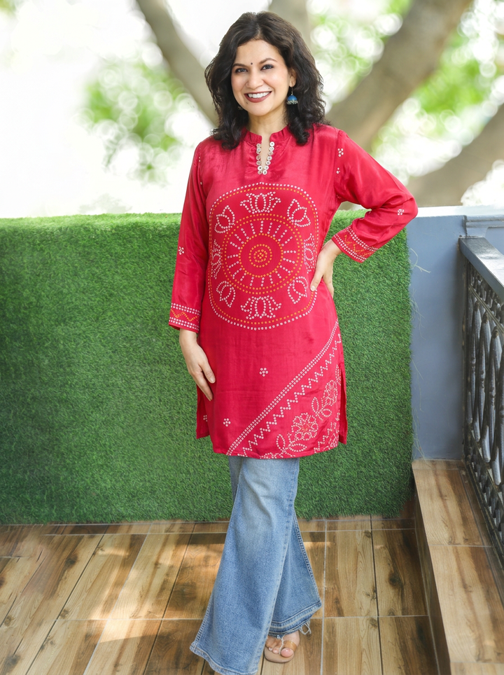 Mansi Rani Pink Bandhani Print Crepe Short Kurti