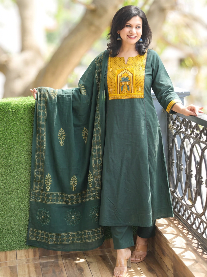 Malvi Green with Yellow Ajrak Yoke Mirror Work Cotton 3 Piece Set