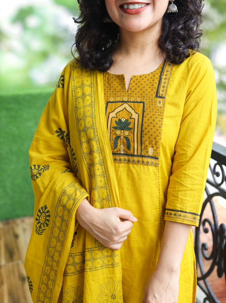 Malvi Yellow with Ajrak Yoke Mirror Work Cotton 3 Piece Set
