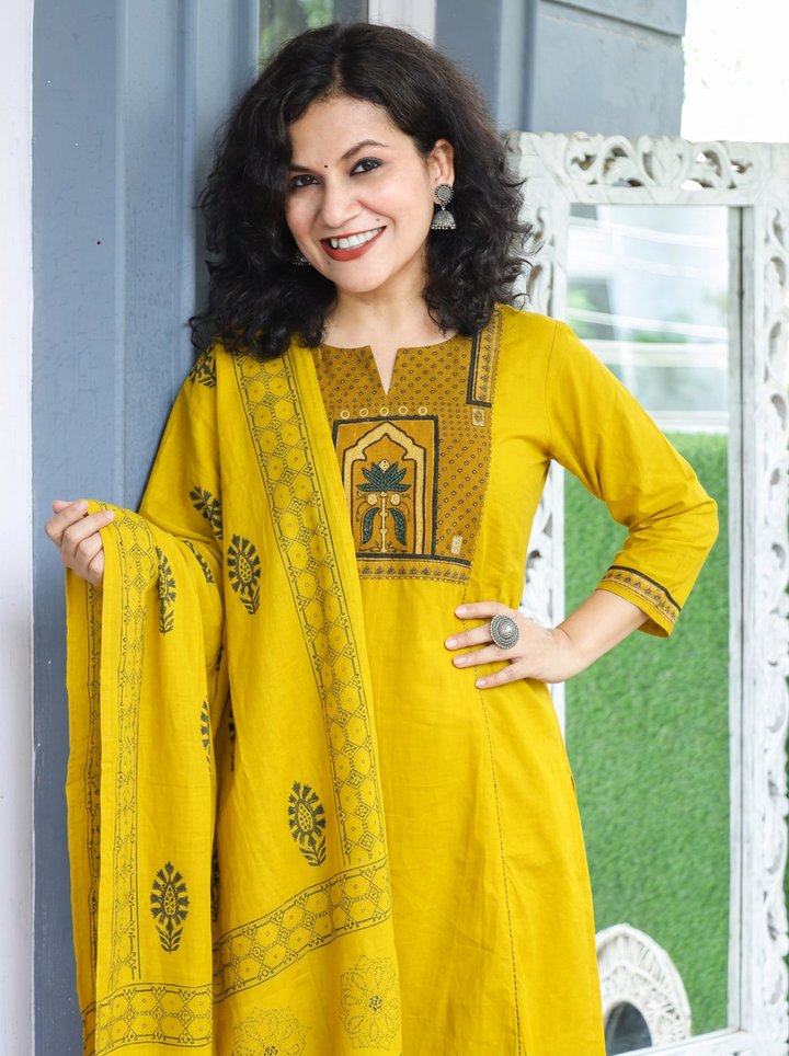 Malvi Yellow with Ajrak Yoke Mirror Work Cotton 3 Piece Set