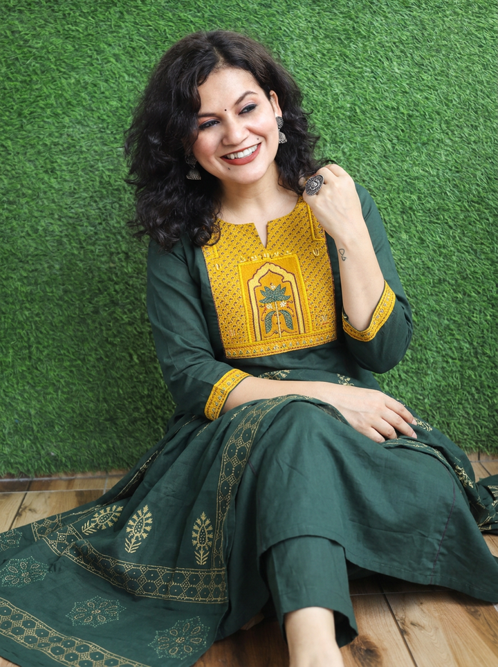 Malvi Green with Yellow Ajrak Yoke Mirror Work Cotton 3 Piece Set