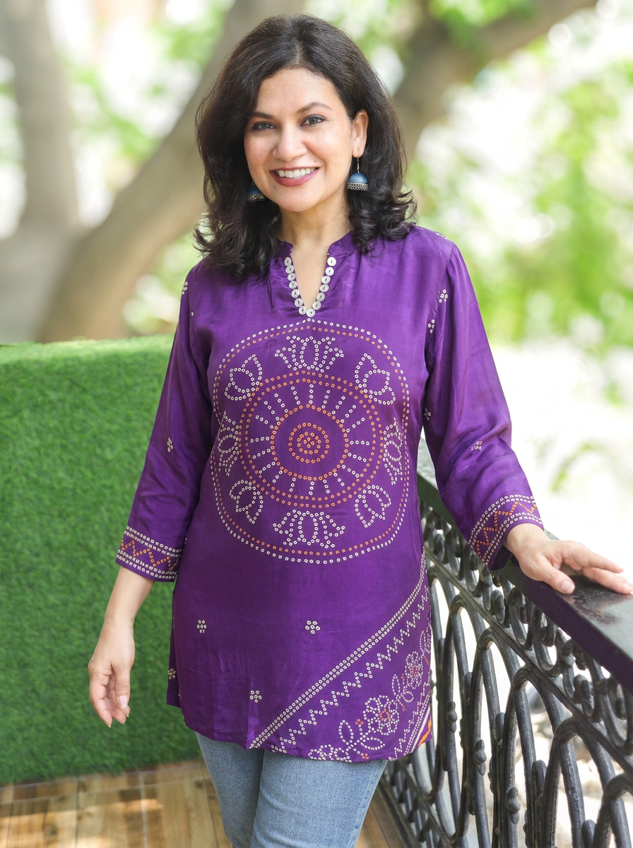 Mansi Jamuni Purple Bandhani Print Crepe Short Kurti