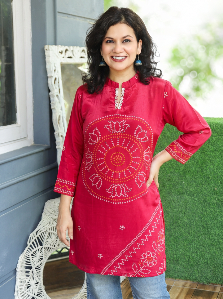 Mansi Rani Pink Bandhani Print Crepe Short Kurti