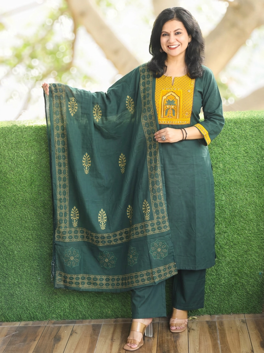 Malvi Green with Yellow Ajrak Yoke Mirror Work Cotton 3 Piece Set