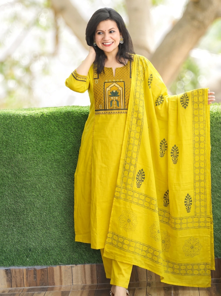 Malvi Yellow with Ajrak Yoke Mirror Work Cotton 3 Piece Set