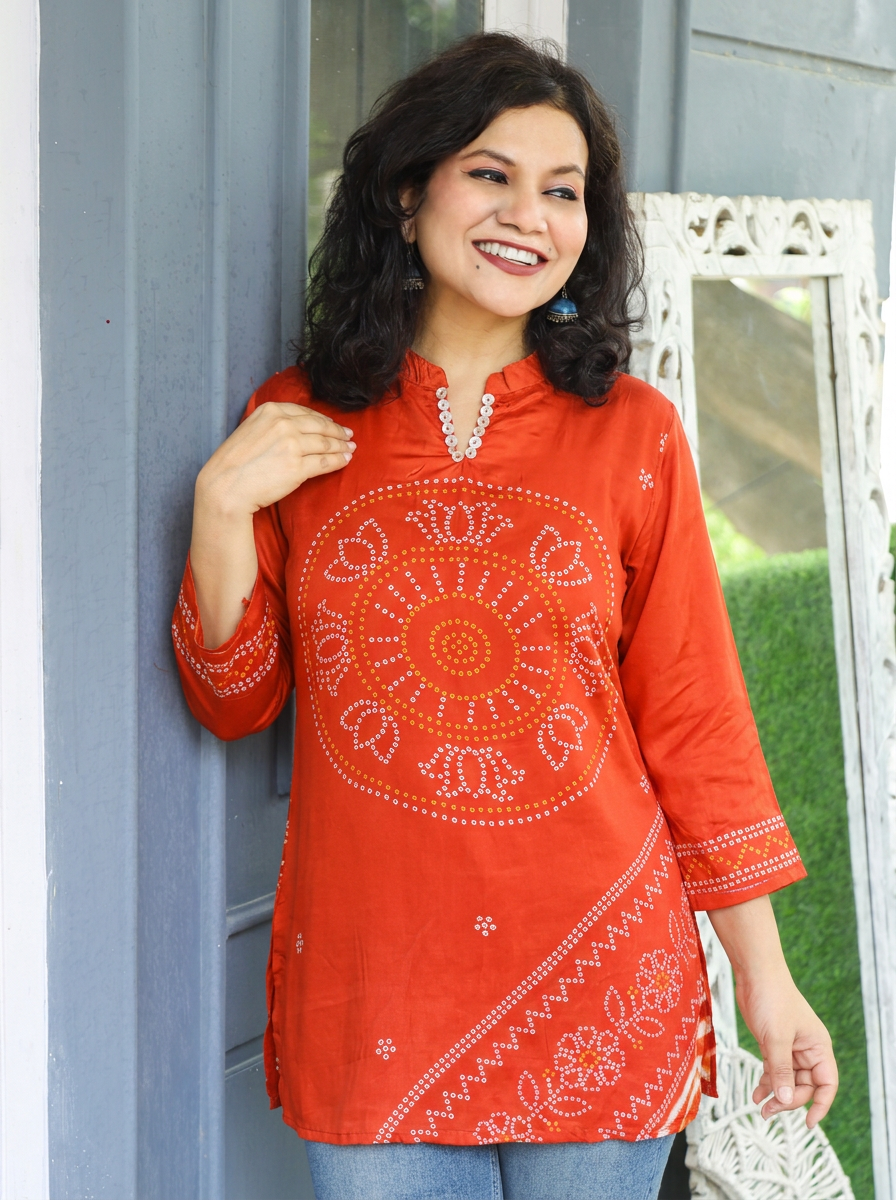 Mansi Bright Orange Bandhani Print Crepe Short Kurti