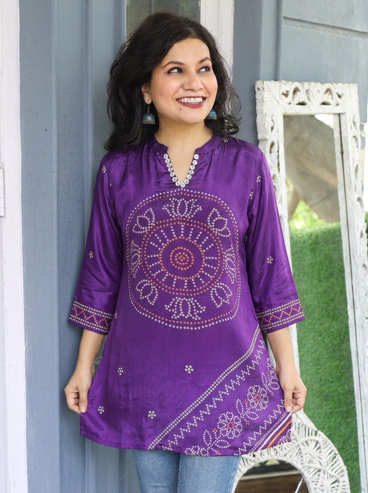 Mansi Jamuni Purple Bandhani Print Crepe Short Kurti