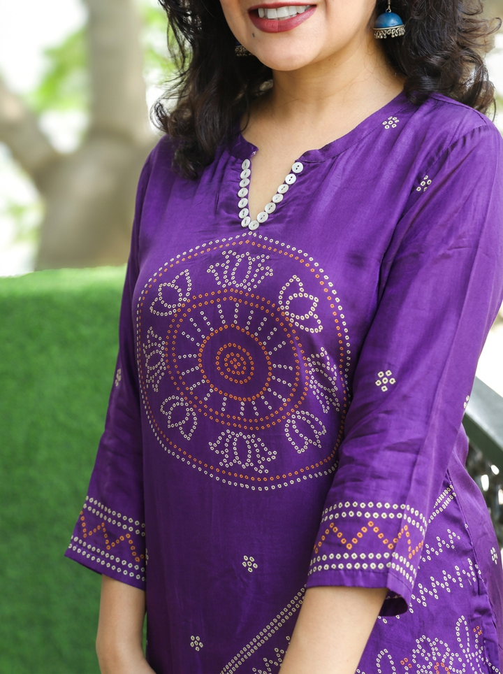 Mansi Jamuni Purple Bandhani Print Crepe Short Kurti