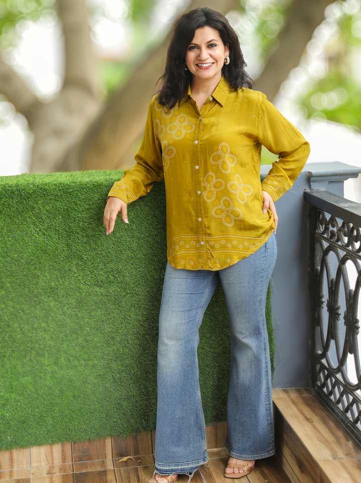 Madhu Mehndi Green Bandhani Print Crepe Shirt