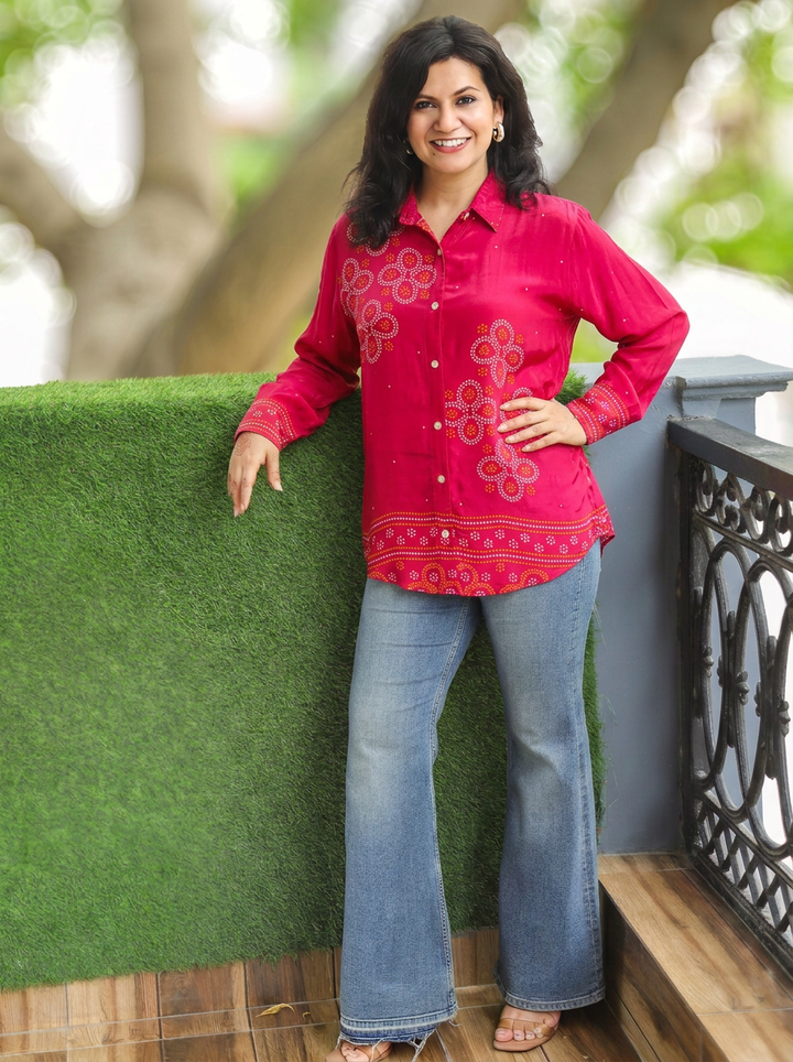 Madhu Rani Pink Bandhani Print Crepe Shirt