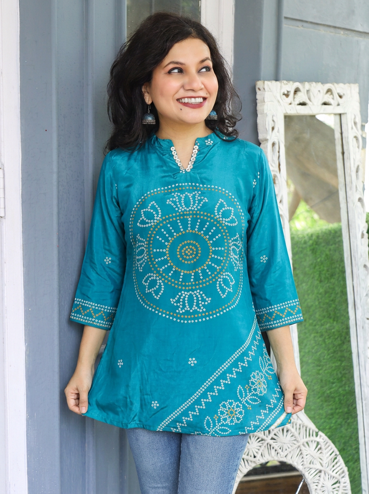 Mansi Firoji Blue Bandhani Print Crepe Short Kurti