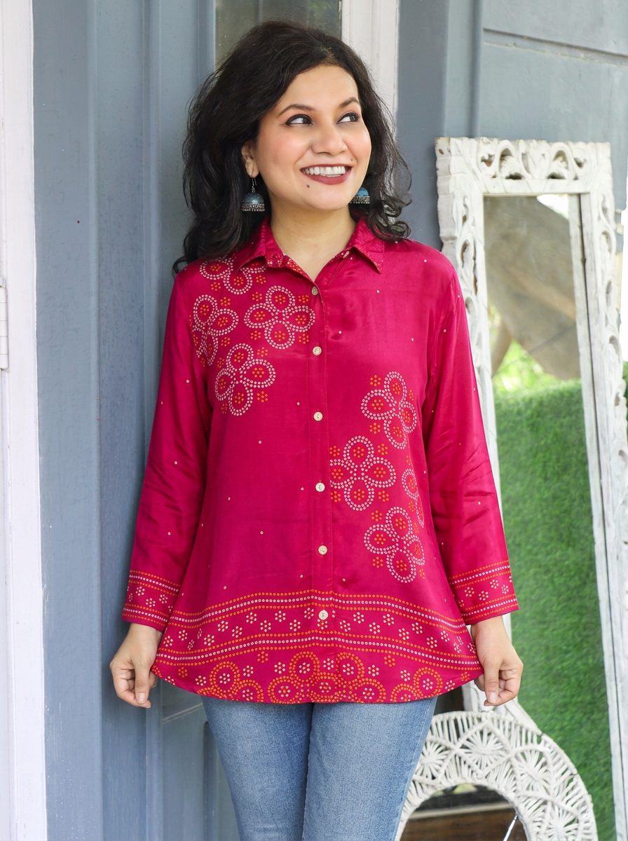 Madhu Rani Pink Bandhani Print Crepe Shirt