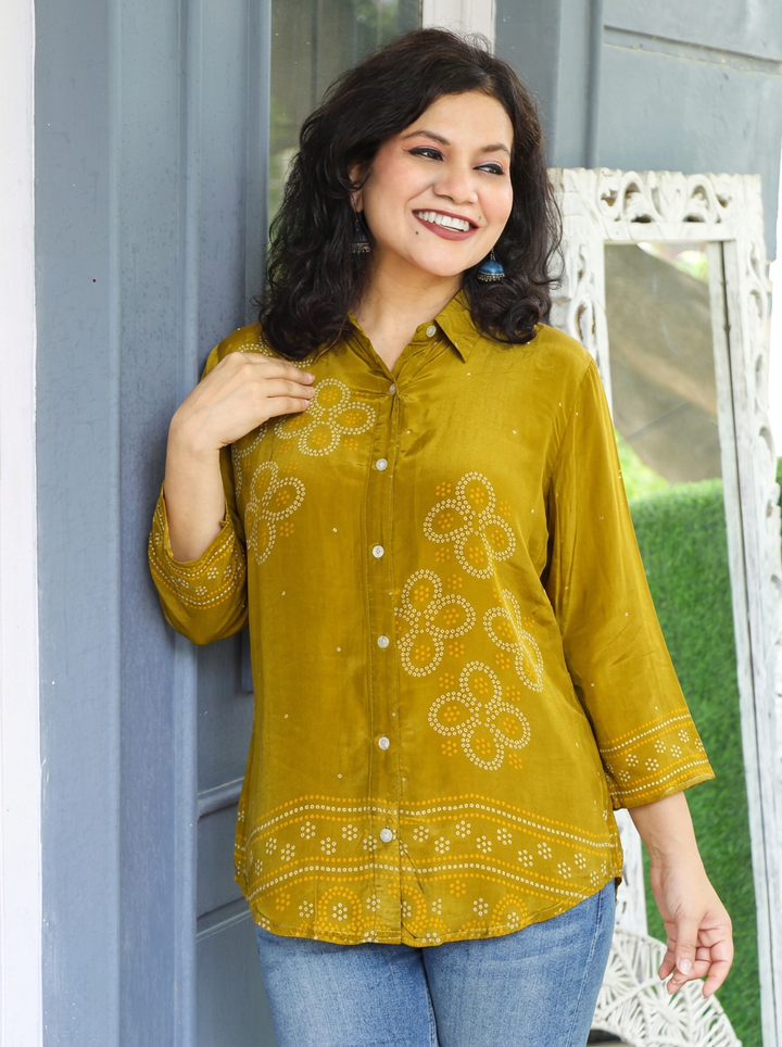 Madhu Mehndi Green Bandhani Print Crepe Shirt