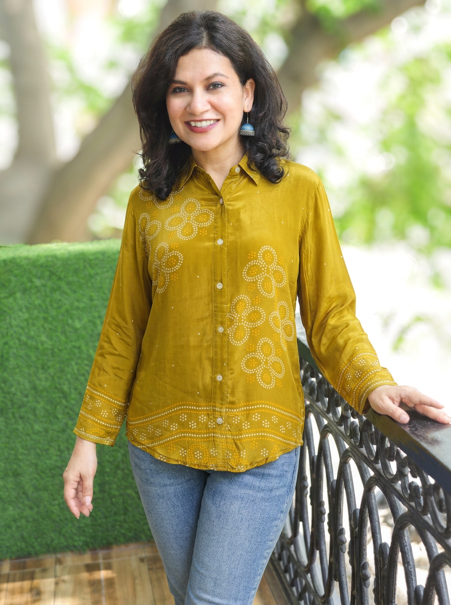Madhu Mehndi Green Bandhani Print Crepe Shirt