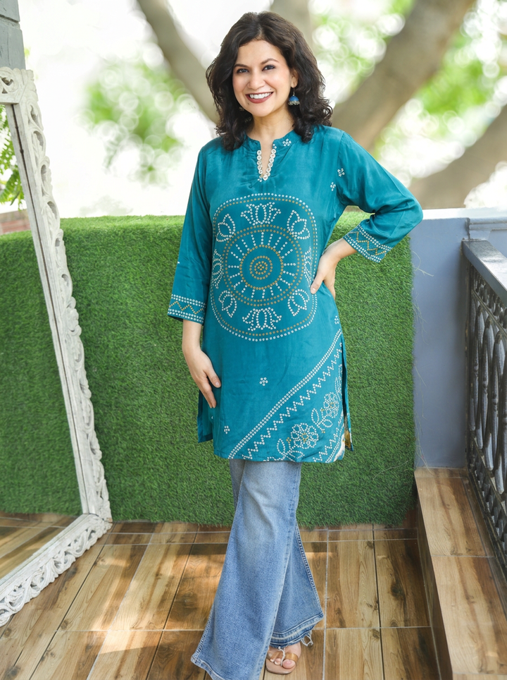 Mansi Firoji Blue Bandhani Print Crepe Short Kurti