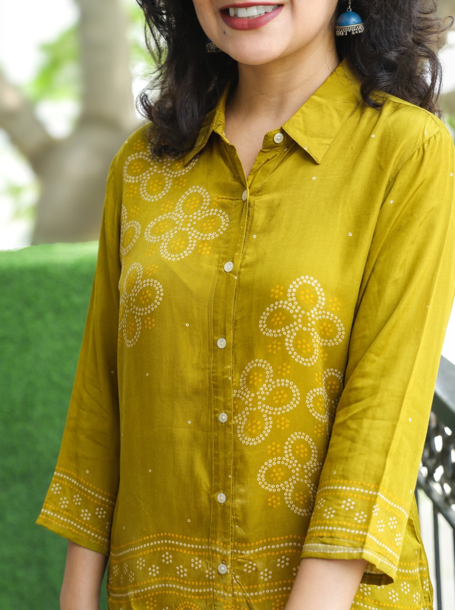 Madhu Mehndi Green Bandhani Print Crepe Shirt