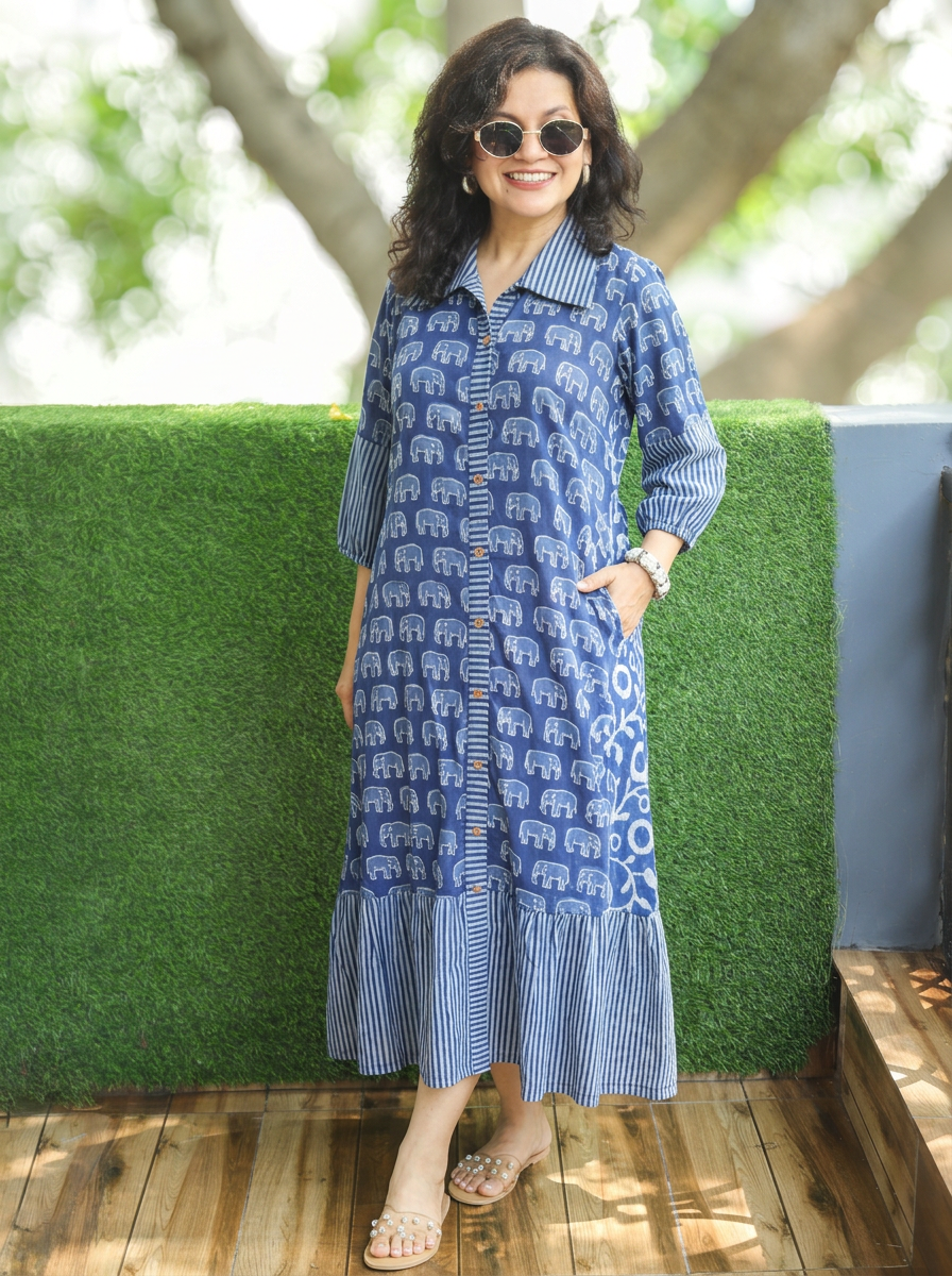 Misya Neel Blue Gajj Printed Button Down Cotton Dress