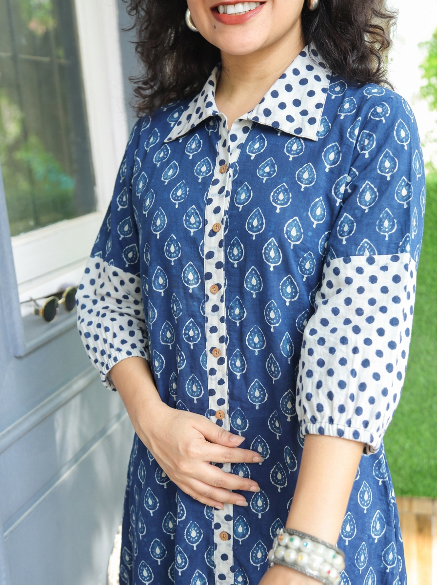 Misya Denim Blue Dabu Printed Button Down Cotton Dress
