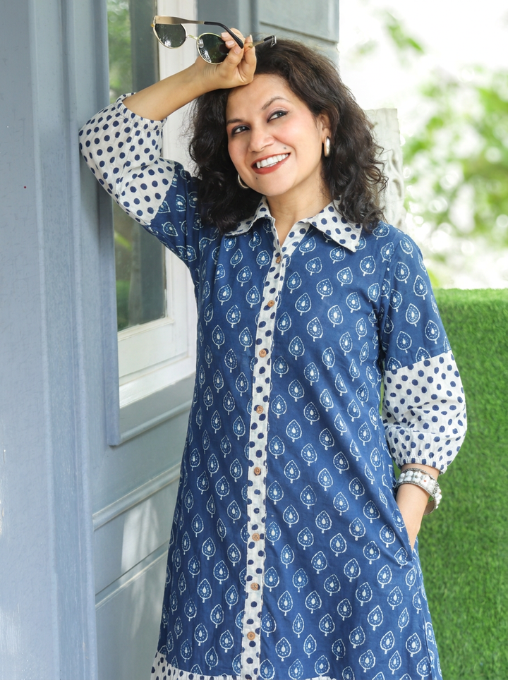 Misya Denim Blue Dabu Printed Button Down Cotton Dress