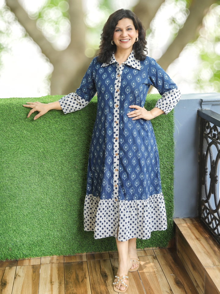 Misya Denim Blue Dabu Printed Button Down Cotton Dress