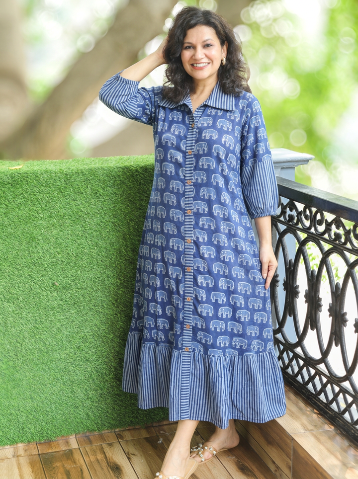 Misya Neel Blue Gajj Printed Button Down Cotton Dress