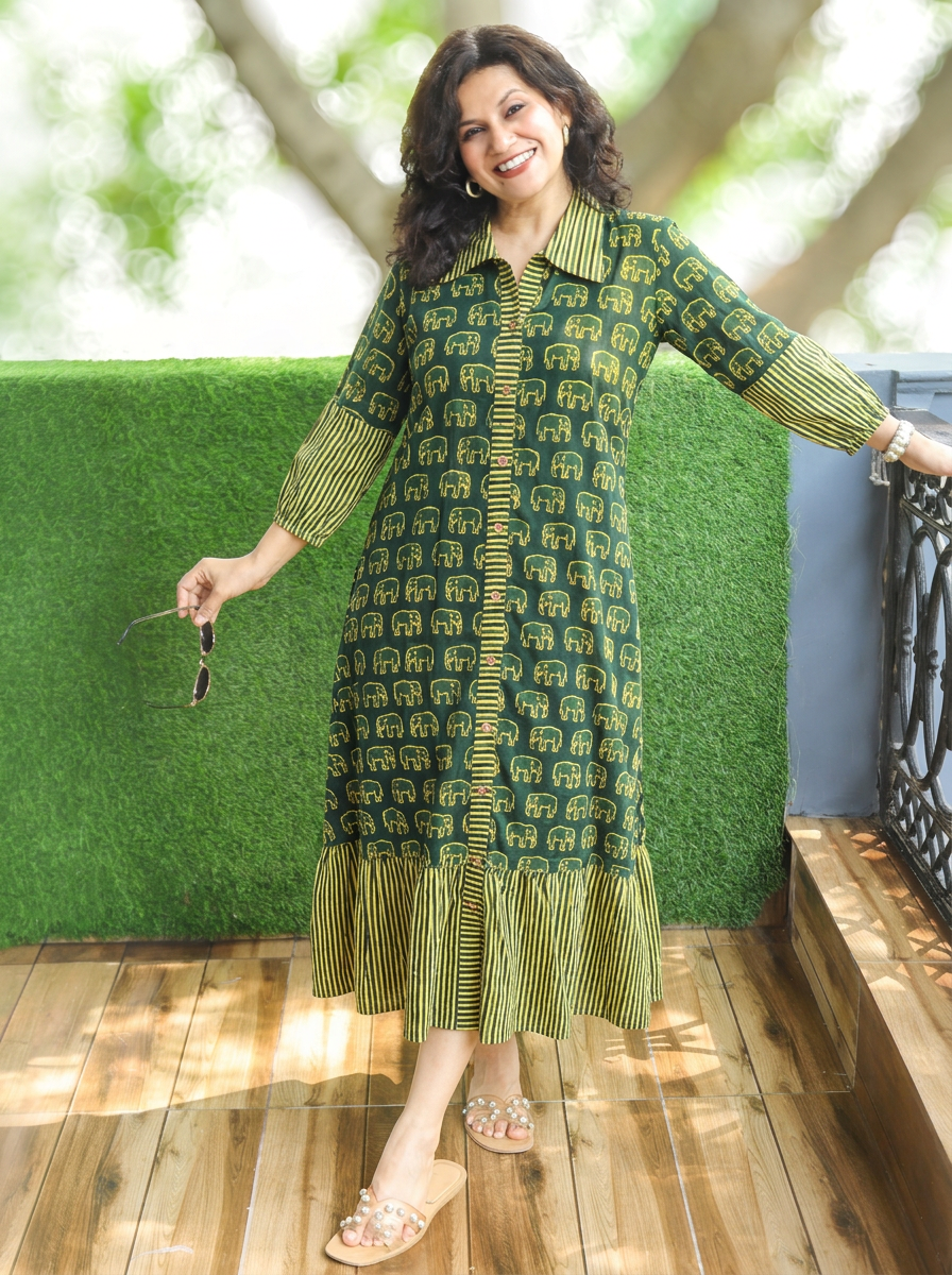Misya Pine Green Gajj Printed Button Down Cotton Dress
